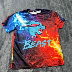 MrBeast Graphic T-Shirt Blue Red Lightning Bolt Panther Logo Kids Youth Medium